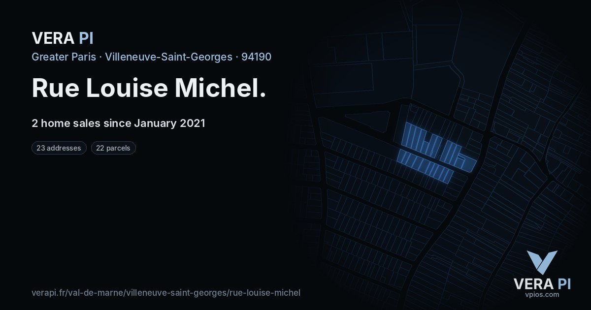 Rue Louise Michel, Villeneuve-Saint-Georges at night – every parcel coloured by the prices around it, the street's own parcels lit