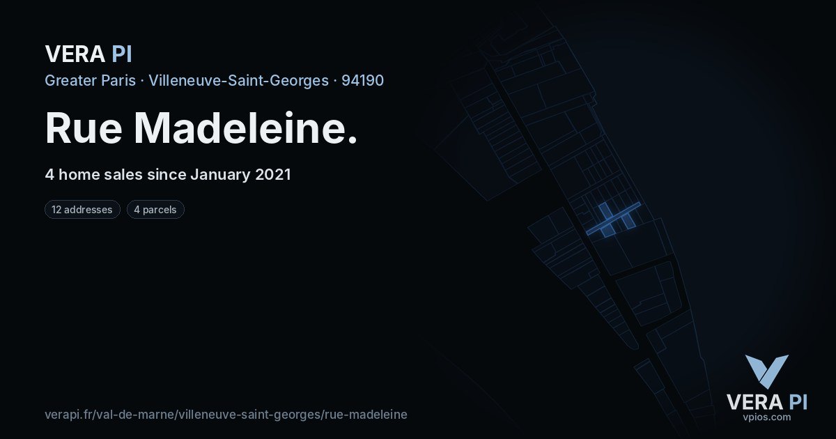 Rue Madeleine, Villeneuve-Saint-Georges at night – every parcel coloured by the prices around it, the street's own parcels lit