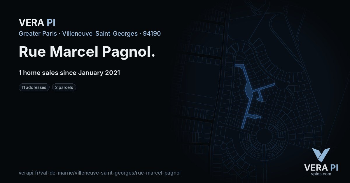 Rue Marcel Pagnol, Villeneuve-Saint-Georges at night – every parcel coloured by the prices around it, the street's own parcels lit