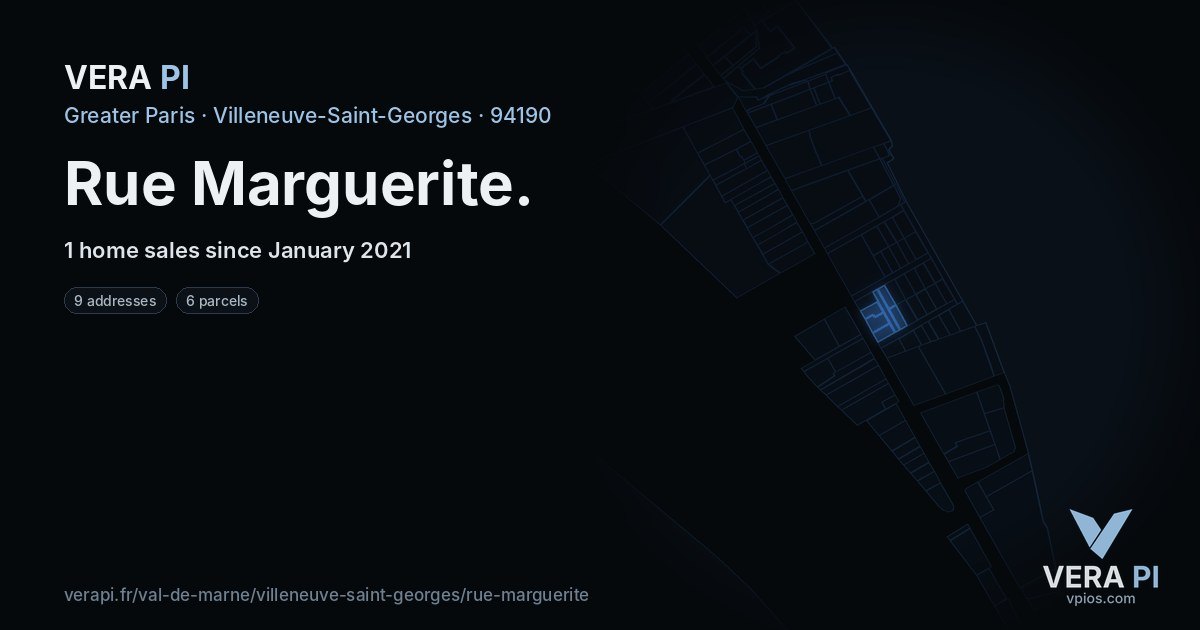 Rue Marguerite, Villeneuve-Saint-Georges at night – every parcel coloured by the prices around it, the street's own parcels lit
