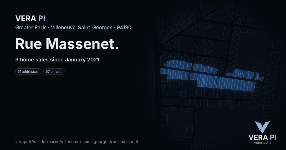 Rue Massenet, Villeneuve-Saint-Georges at night – every parcel coloured by the prices around it, the street's own parcels lit