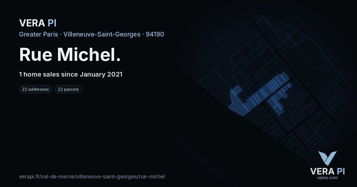 Rue Michel, Villeneuve-Saint-Georges at night – every parcel coloured by the prices around it, the street's own parcels lit