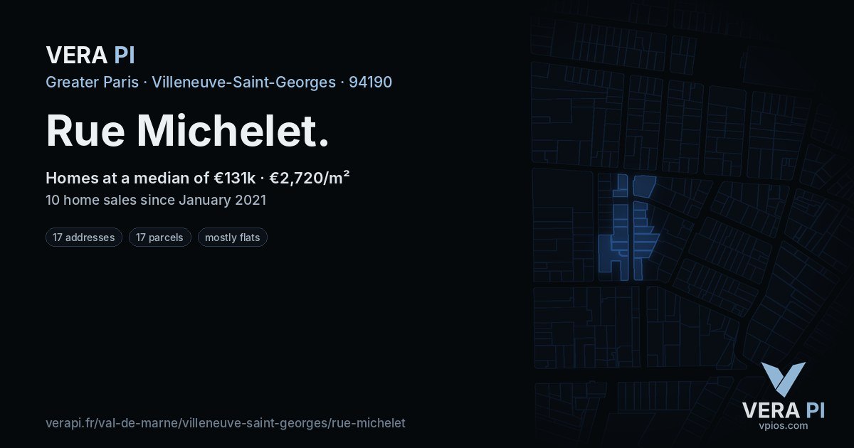 Rue Michelet, Villeneuve-Saint-Georges at night – every parcel coloured by the prices around it, the street's own parcels lit