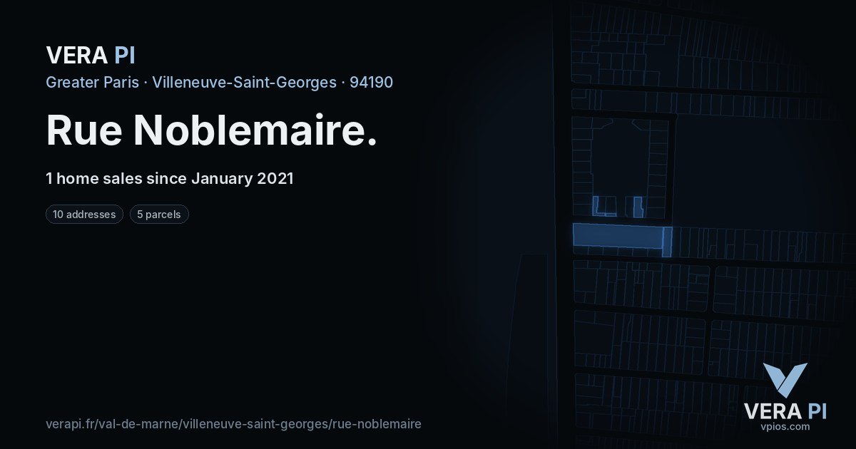Rue Noblemaire, Villeneuve-Saint-Georges at night – every parcel coloured by the prices around it, the street's own parcels lit
