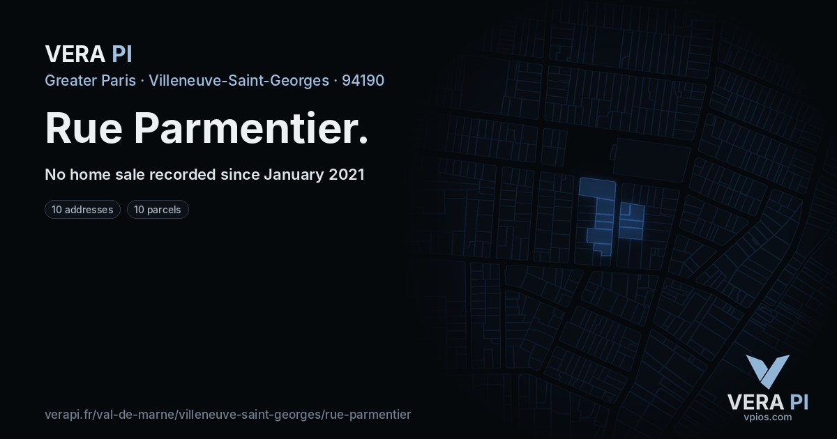 Rue Parmentier, Villeneuve-Saint-Georges at night – every parcel coloured by the prices around it, the street's own parcels lit