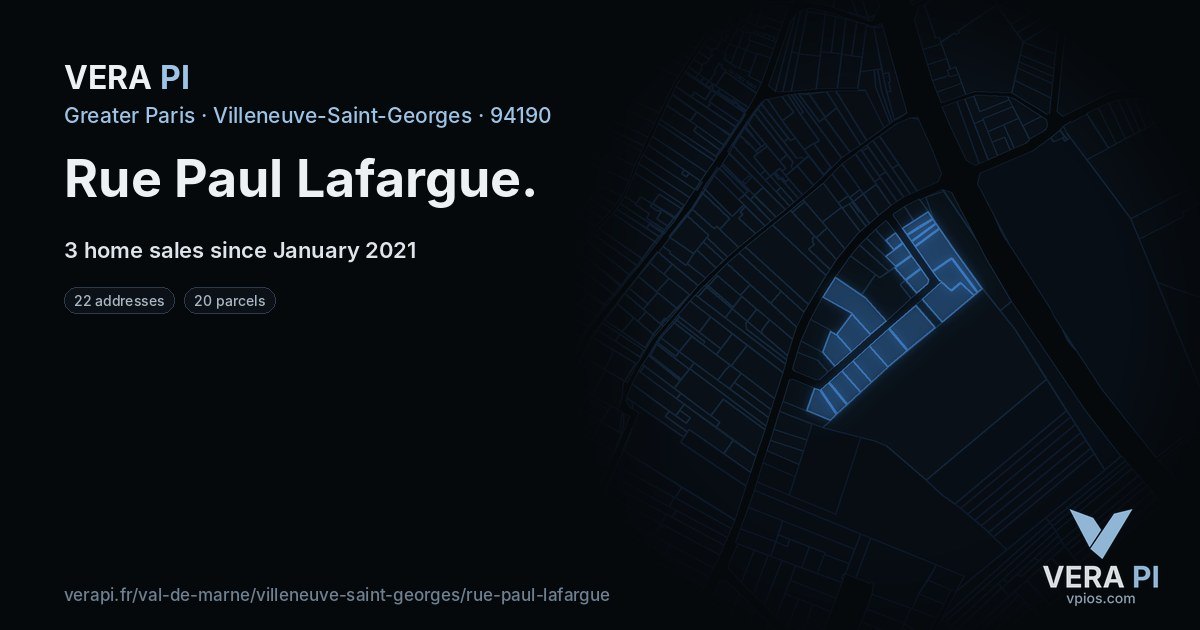 Rue Paul Lafargue, Villeneuve-Saint-Georges at night – every parcel coloured by the prices around it, the street's own parcels lit