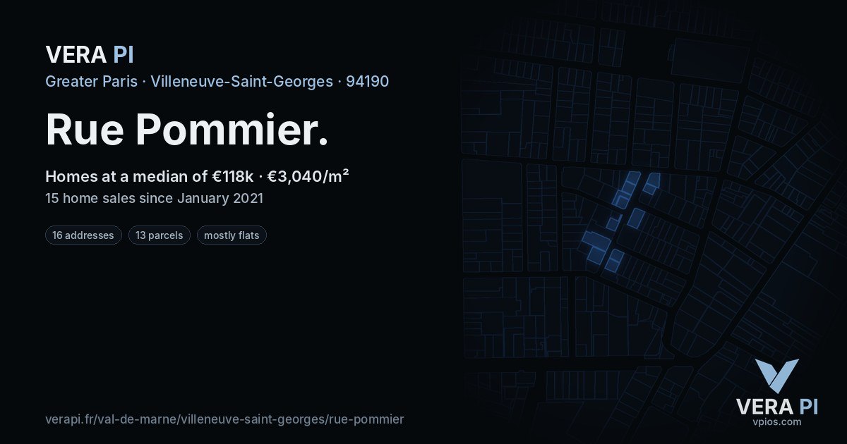 Rue Pommier, Villeneuve-Saint-Georges at night – every parcel coloured by the prices around it, the street's own parcels lit