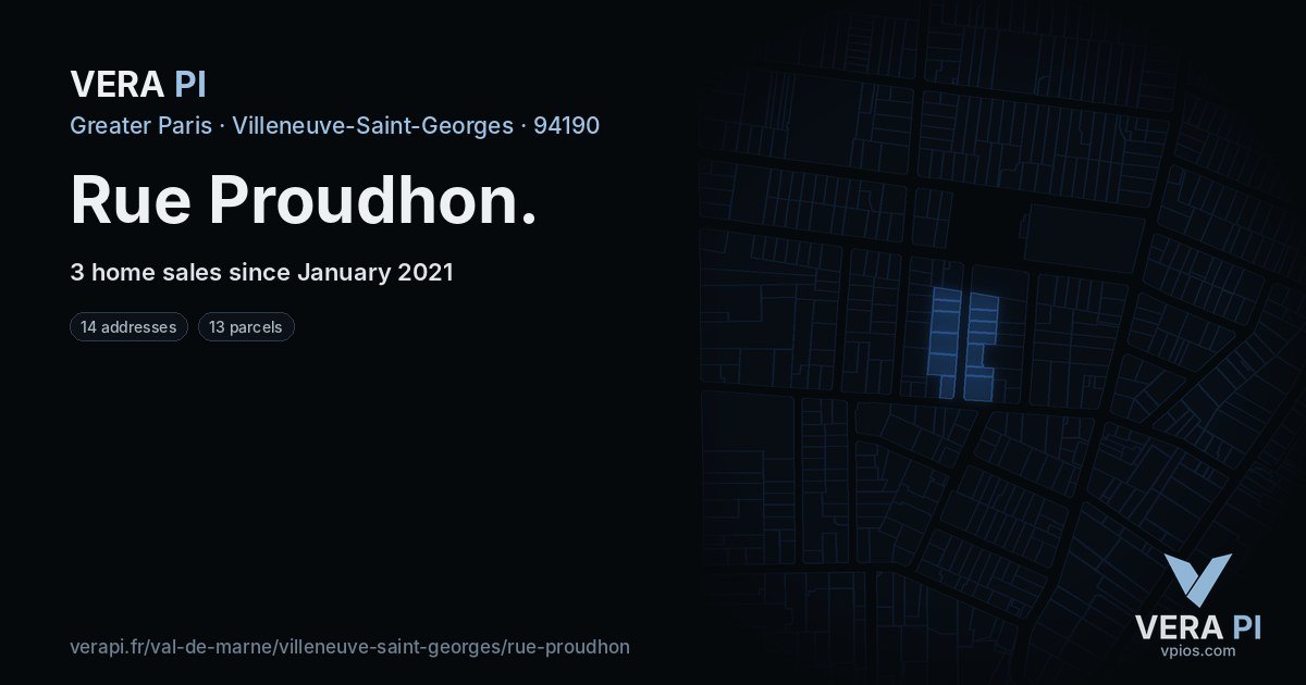 Rue Proudhon, Villeneuve-Saint-Georges at night – every parcel coloured by the prices around it, the street's own parcels lit