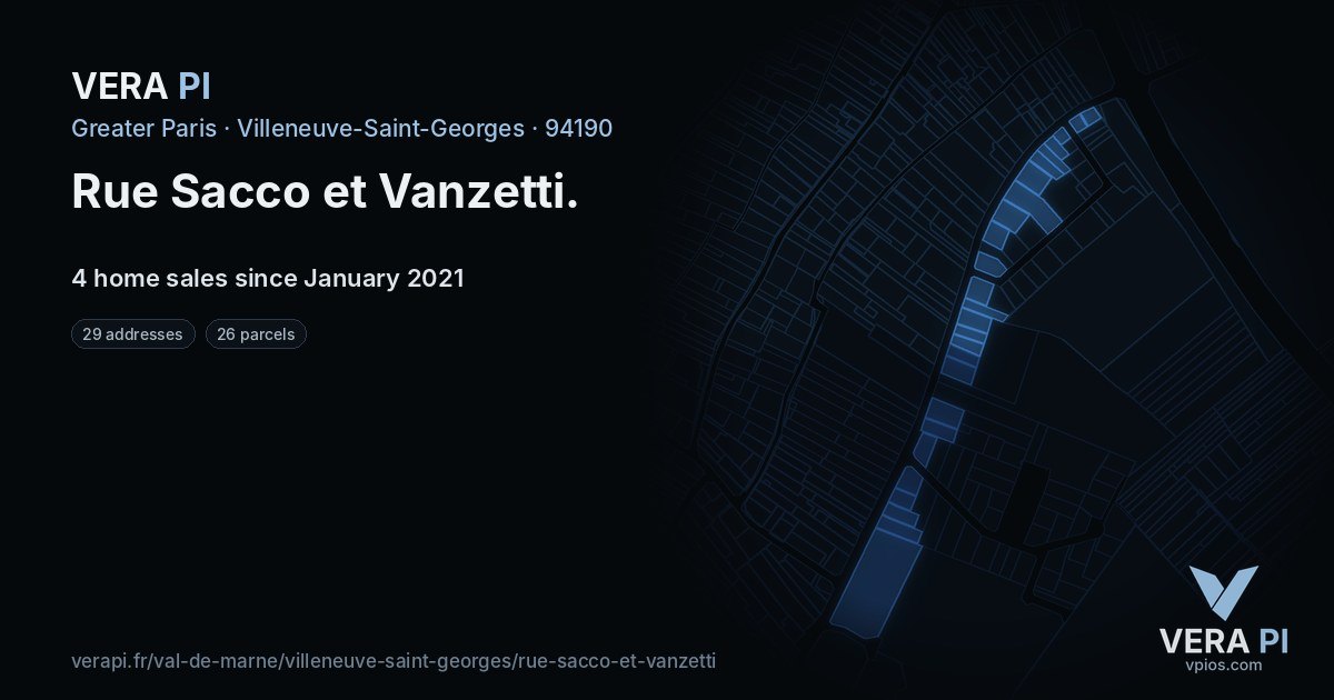 Rue Sacco et Vanzetti, Villeneuve-Saint-Georges at night – every parcel coloured by the prices around it, the street's own parcels lit