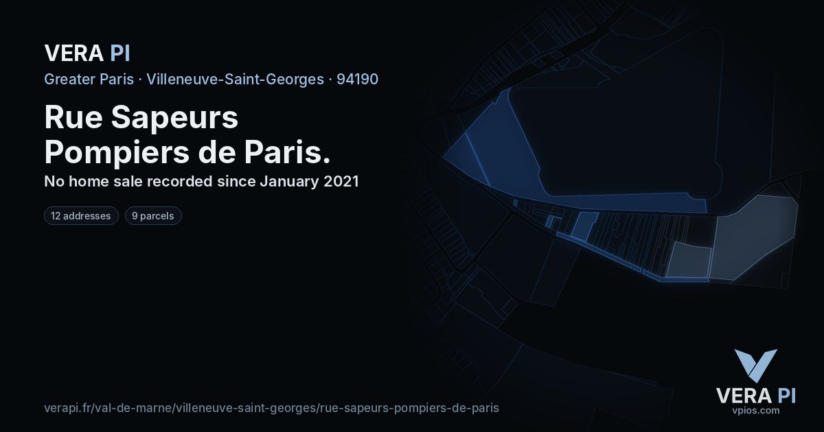 Rue Sapeurs Pompiers de Paris, Villeneuve-Saint-Georges at night – every parcel coloured by the prices around it, the street's own parcels lit