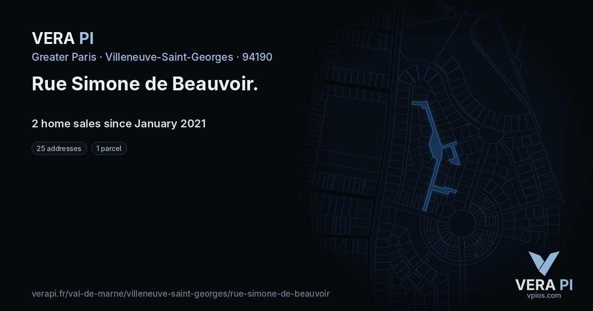 Rue Simone de Beauvoir, Villeneuve-Saint-Georges at night – every parcel coloured by the prices around it, the street's own parcels lit