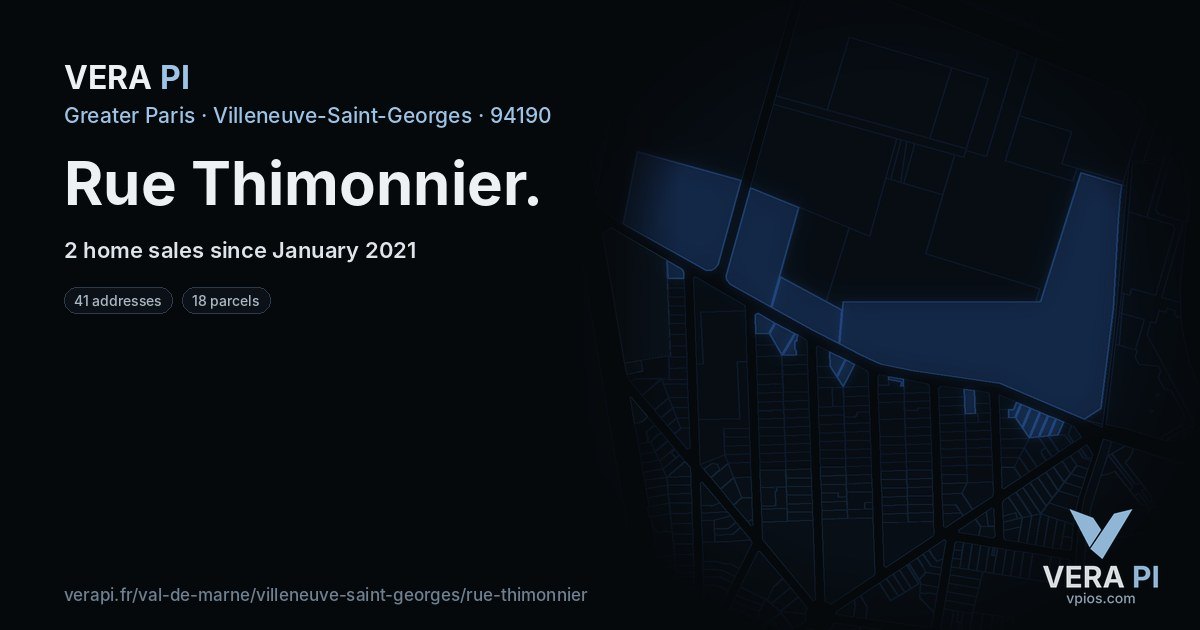 Rue Thimonnier, Villeneuve-Saint-Georges at night – every parcel coloured by the prices around it, the street's own parcels lit