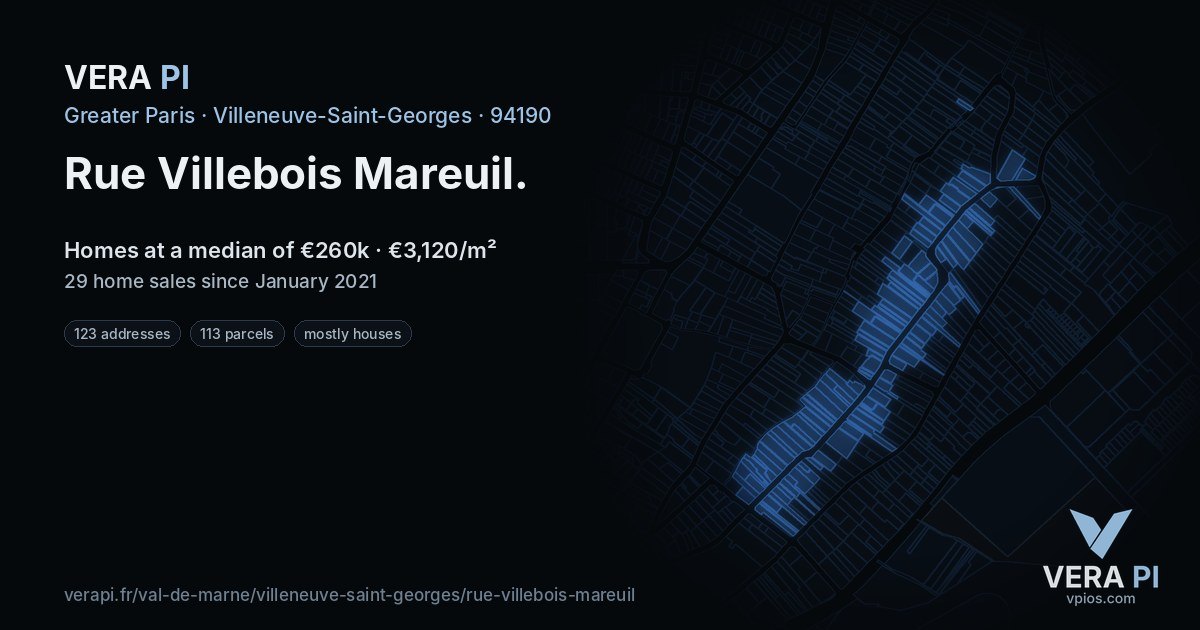 Rue Villebois Mareuil, Villeneuve-Saint-Georges at night – every parcel coloured by the prices around it, the street's own parcels lit