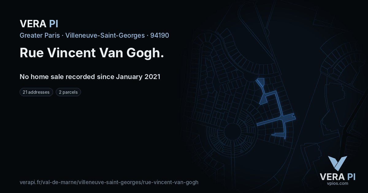 Rue Vincent Van Gogh, Villeneuve-Saint-Georges at night – every parcel coloured by the prices around it, the street's own parcels lit