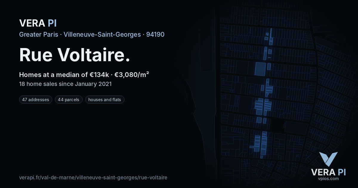 Rue Voltaire, Villeneuve-Saint-Georges at night – every parcel coloured by the prices around it, the street's own parcels lit