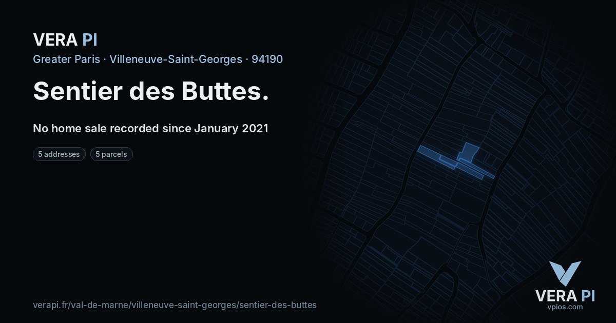 Sentier des Buttes, Villeneuve-Saint-Georges at night – every parcel coloured by the prices around it, the street's own parcels lit