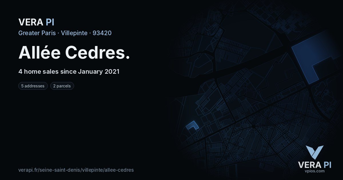 Allée Cedres, Villepinte at night – every parcel coloured by the prices around it, the street's own parcels lit