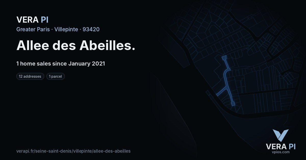 Allee des Abeilles, Villepinte at night – every parcel coloured by the prices around it, the street's own parcels lit