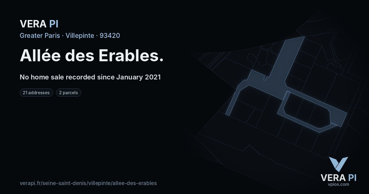 Allée des Erables, Villepinte at night – every parcel coloured by the prices around it, the street's own parcels lit