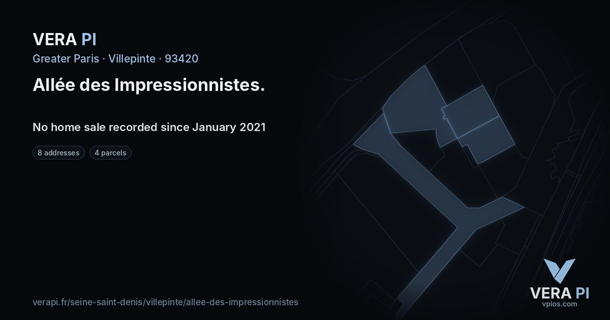 Allée des Impressionnistes, Villepinte at night – every parcel coloured by the prices around it, the street's own parcels lit