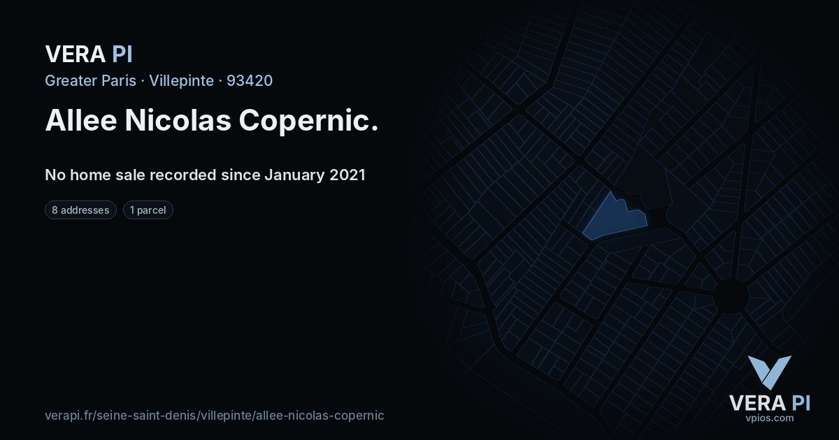 Allee Nicolas Copernic, Villepinte at night – every parcel coloured by the prices around it, the street's own parcels lit