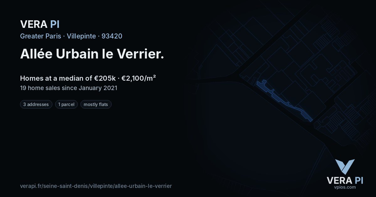Allée Urbain le Verrier, Villepinte at night – every parcel coloured by the prices around it, the street's own parcels lit