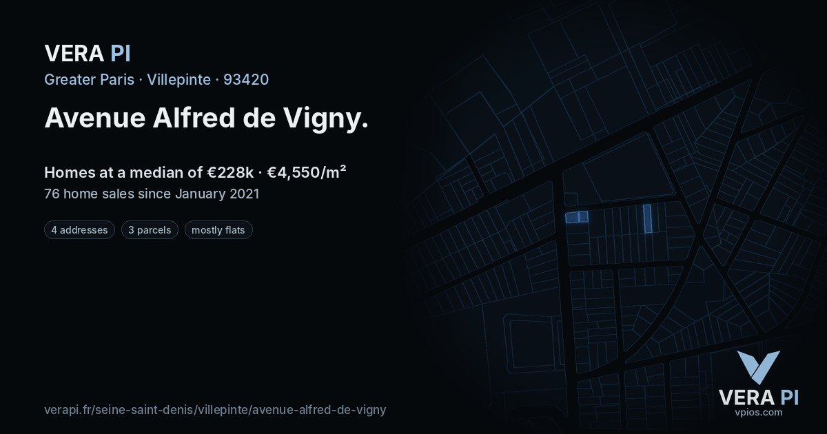 Avenue Alfred de Vigny, Villepinte at night – every parcel coloured by the prices around it, the street's own parcels lit