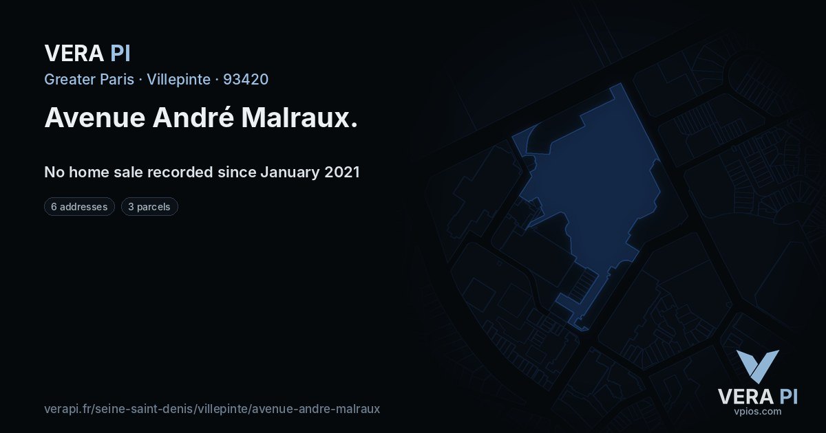 Avenue André Malraux, Villepinte at night – every parcel coloured by the prices around it, the street's own parcels lit