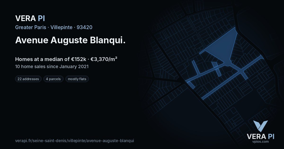 Avenue Auguste Blanqui, Villepinte at night – every parcel coloured by the prices around it, the street's own parcels lit