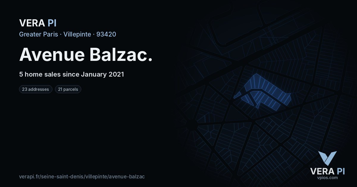 Avenue Balzac, Villepinte at night – every parcel coloured by the prices around it, the street's own parcels lit