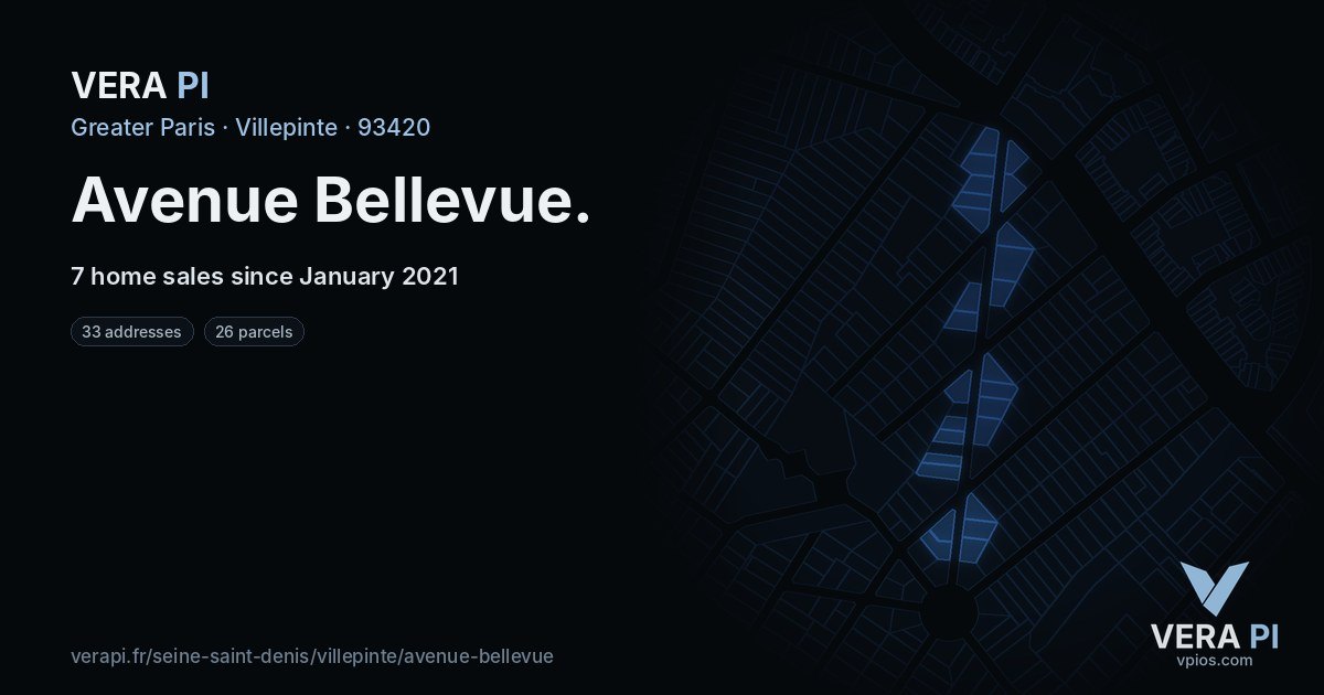 Avenue Bellevue, Villepinte at night – every parcel coloured by the prices around it, the street's own parcels lit