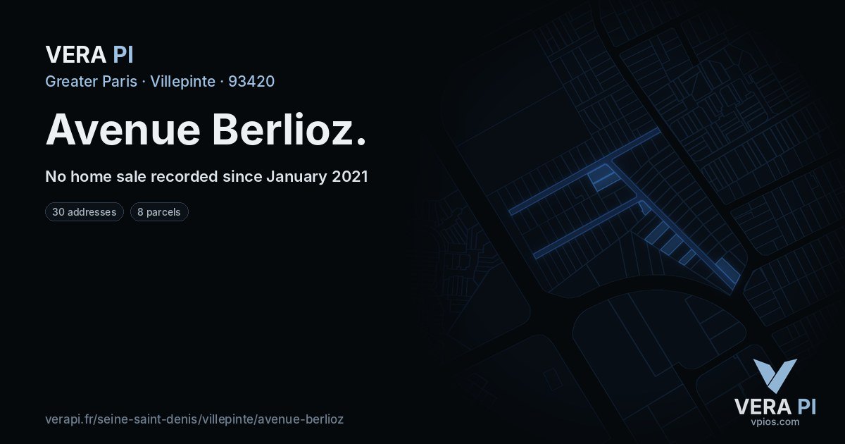 Avenue Berlioz, Villepinte at night – every parcel coloured by the prices around it, the street's own parcels lit