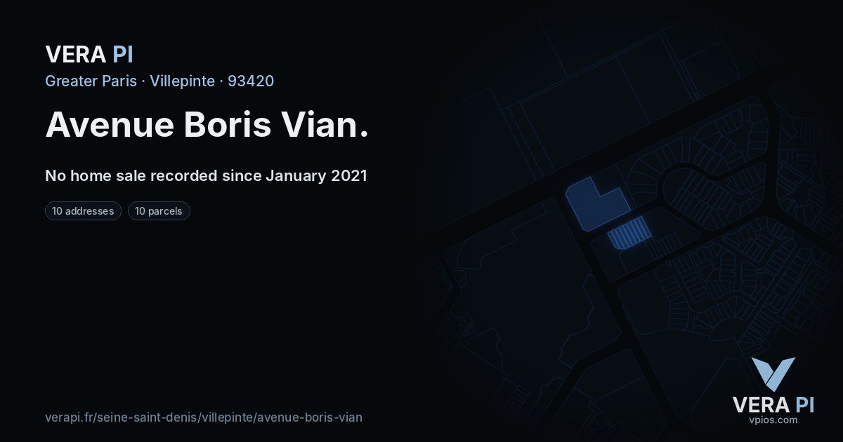 Avenue Boris Vian, Villepinte at night – every parcel coloured by the prices around it, the street's own parcels lit