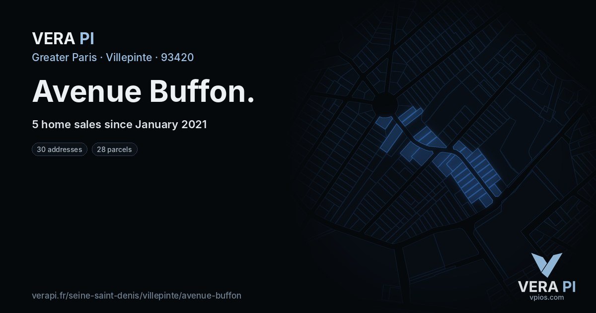 Avenue Buffon, Villepinte at night – every parcel coloured by the prices around it, the street's own parcels lit