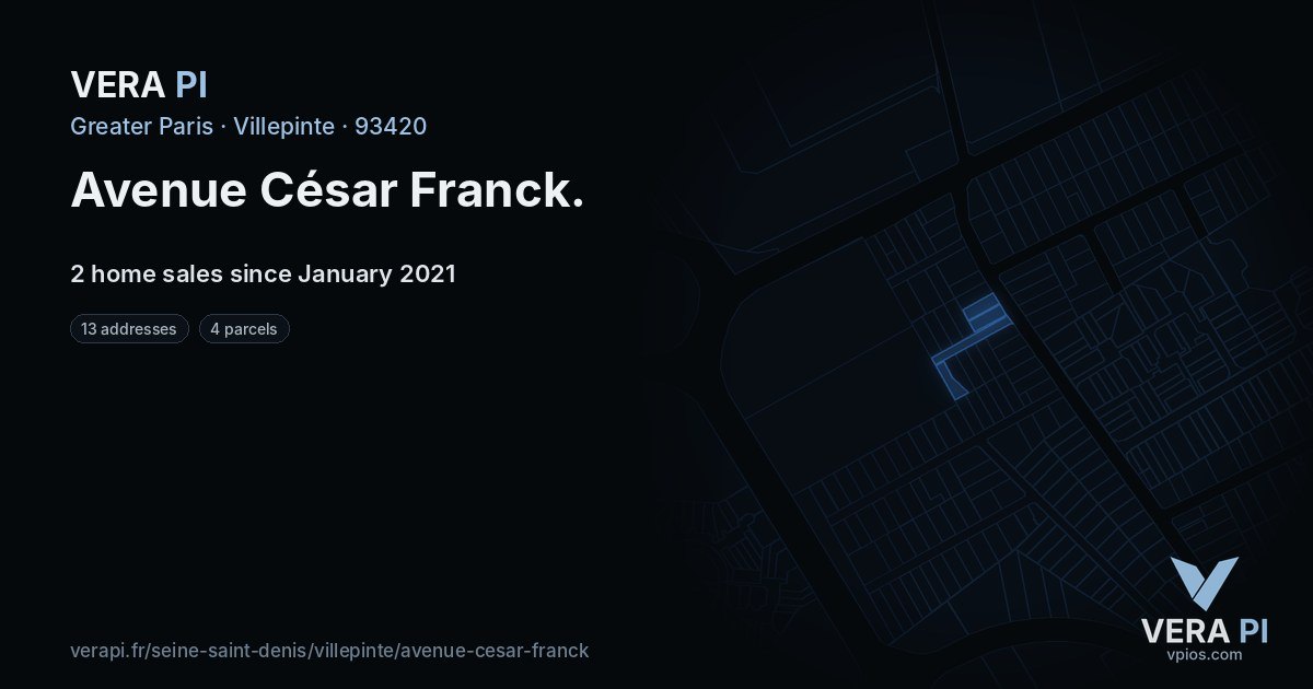 Avenue César Franck, Villepinte at night – every parcel coloured by the prices around it, the street's own parcels lit