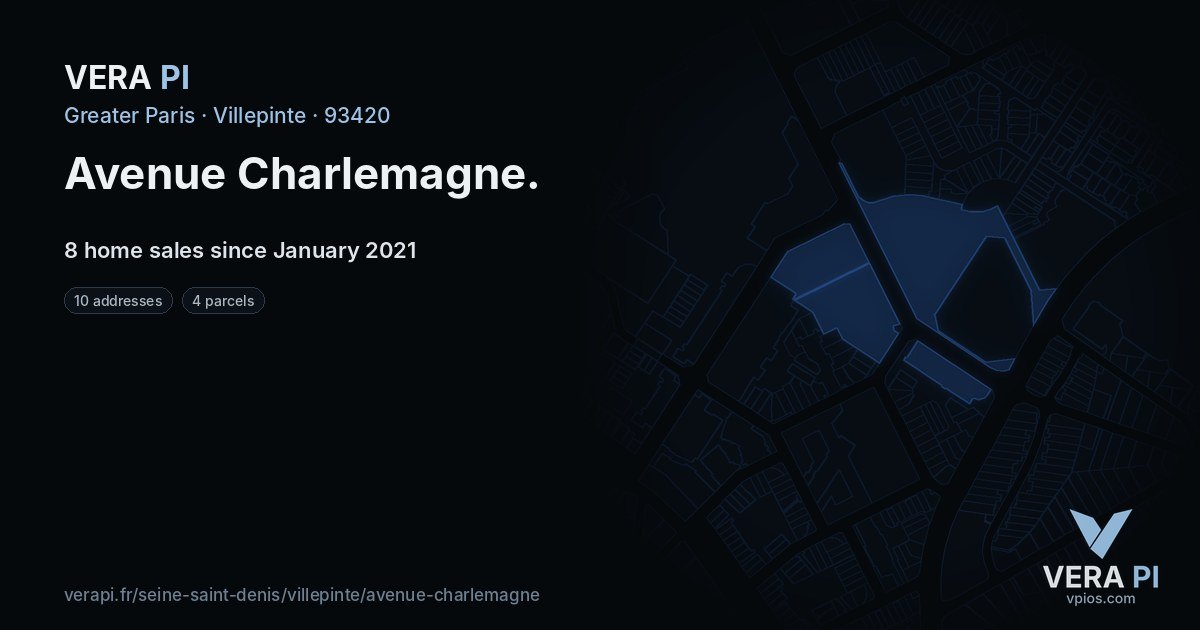 Avenue Charlemagne, Villepinte at night – every parcel coloured by the prices around it, the street's own parcels lit