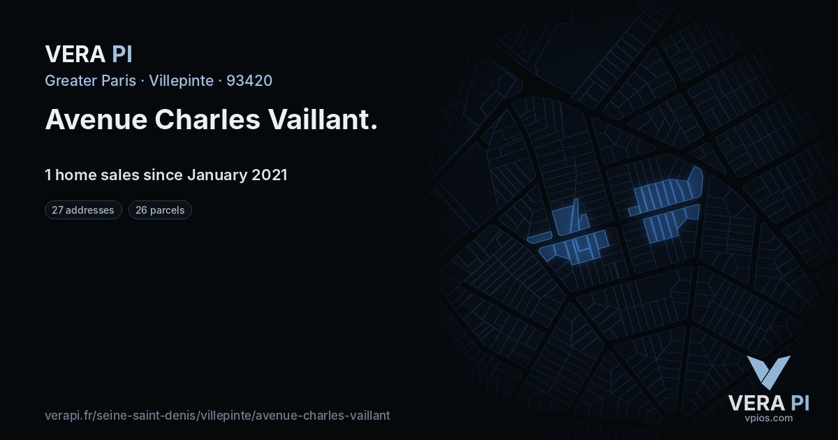 Avenue Charles Vaillant, Villepinte at night – every parcel coloured by the prices around it, the street's own parcels lit