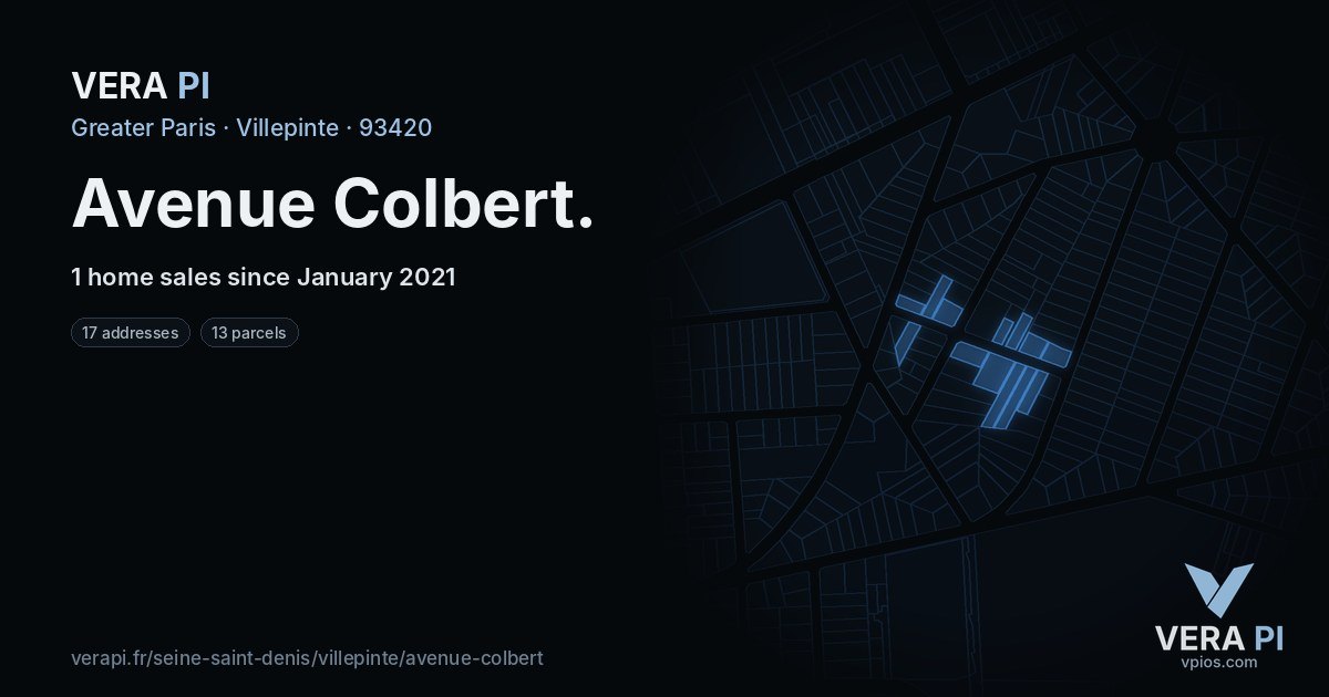 Avenue Colbert, Villepinte at night – every parcel coloured by the prices around it, the street's own parcels lit