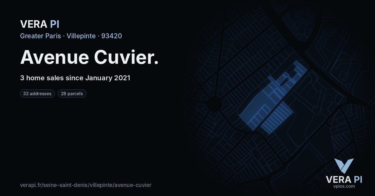 Avenue Cuvier, Villepinte at night – every parcel coloured by the prices around it, the street's own parcels lit