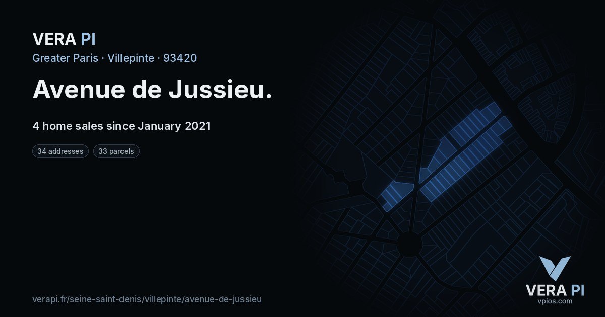 Avenue de Jussieu, Villepinte at night – every parcel coloured by the prices around it, the street's own parcels lit