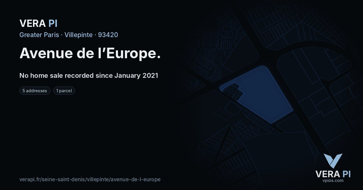 Avenue de l’Europe, Villepinte at night – every parcel coloured by the prices around it, the street's own parcels lit