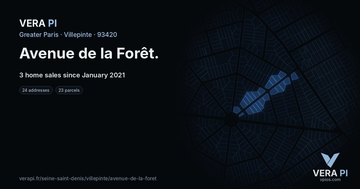 Avenue de la Forêt, Villepinte at night – every parcel coloured by the prices around it, the street's own parcels lit