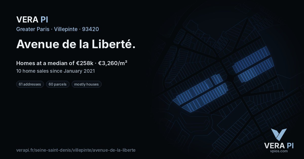 Avenue de la Liberté, Villepinte at night – every parcel coloured by the prices around it, the street's own parcels lit