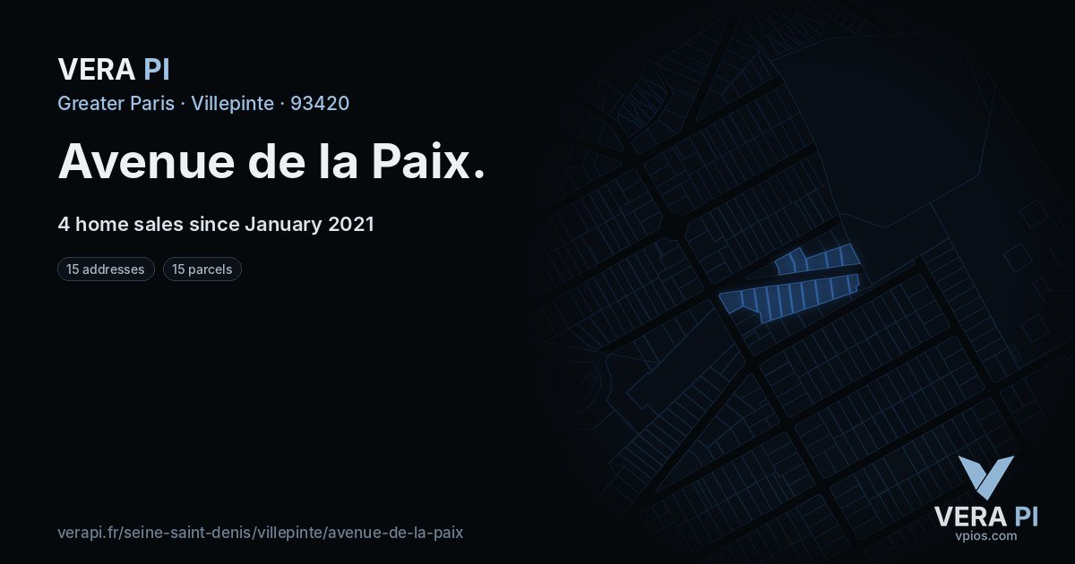Avenue de la Paix, Villepinte at night – every parcel coloured by the prices around it, the street's own parcels lit