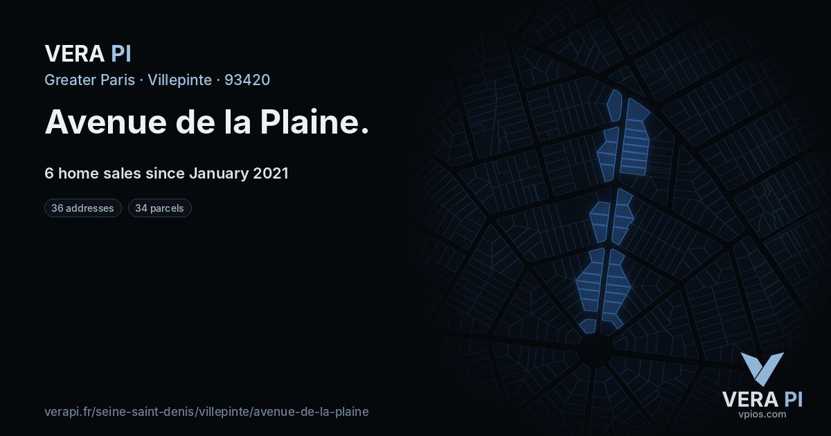 Avenue de la Plaine, Villepinte at night – every parcel coloured by the prices around it, the street's own parcels lit