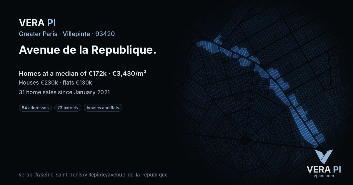 Avenue de la Republique, Villepinte at night – every parcel coloured by the prices around it, the street's own parcels lit