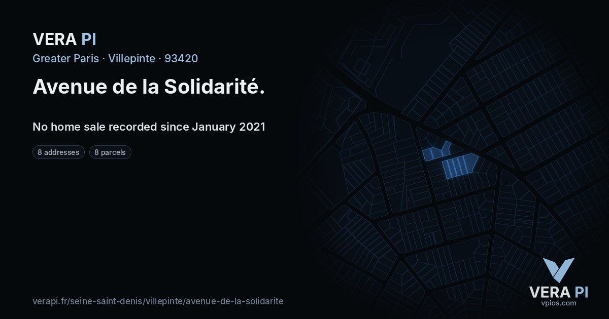 Avenue de la Solidarité, Villepinte at night – every parcel coloured by the prices around it, the street's own parcels lit