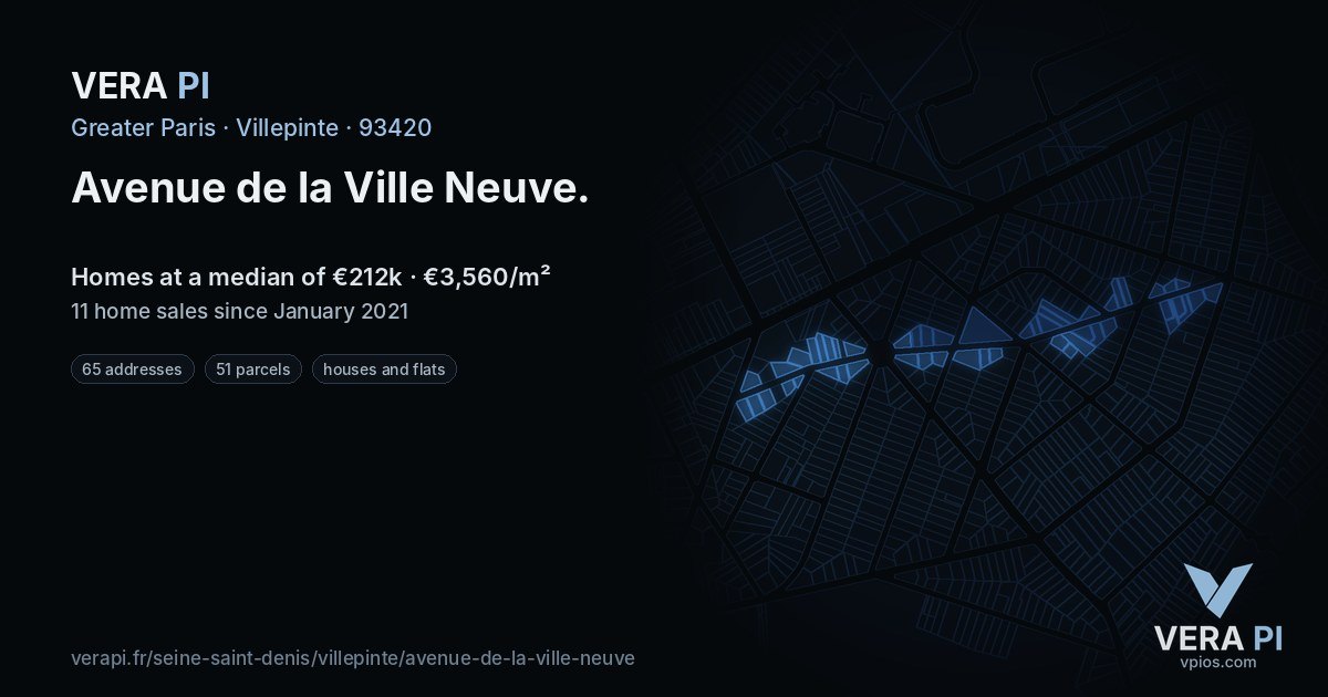 Avenue de la Ville Neuve, Villepinte at night – every parcel coloured by the prices around it, the street's own parcels lit