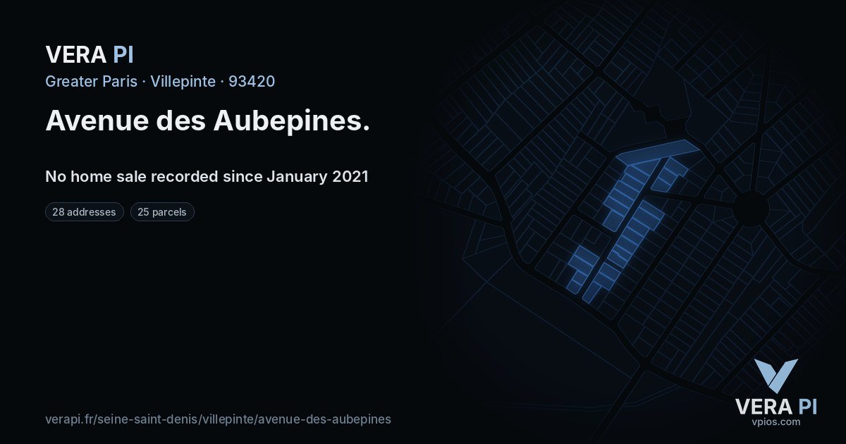 Avenue des Aubepines, Villepinte at night – every parcel coloured by the prices around it, the street's own parcels lit