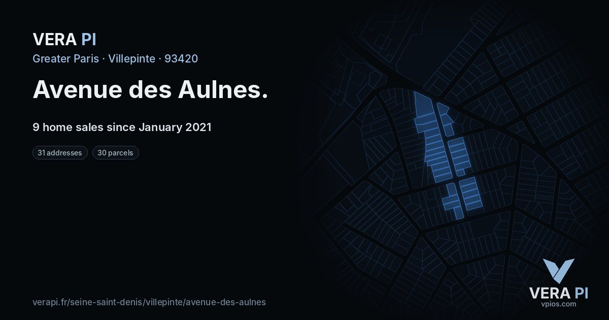 Avenue des Aulnes, Villepinte at night – every parcel coloured by the prices around it, the street's own parcels lit